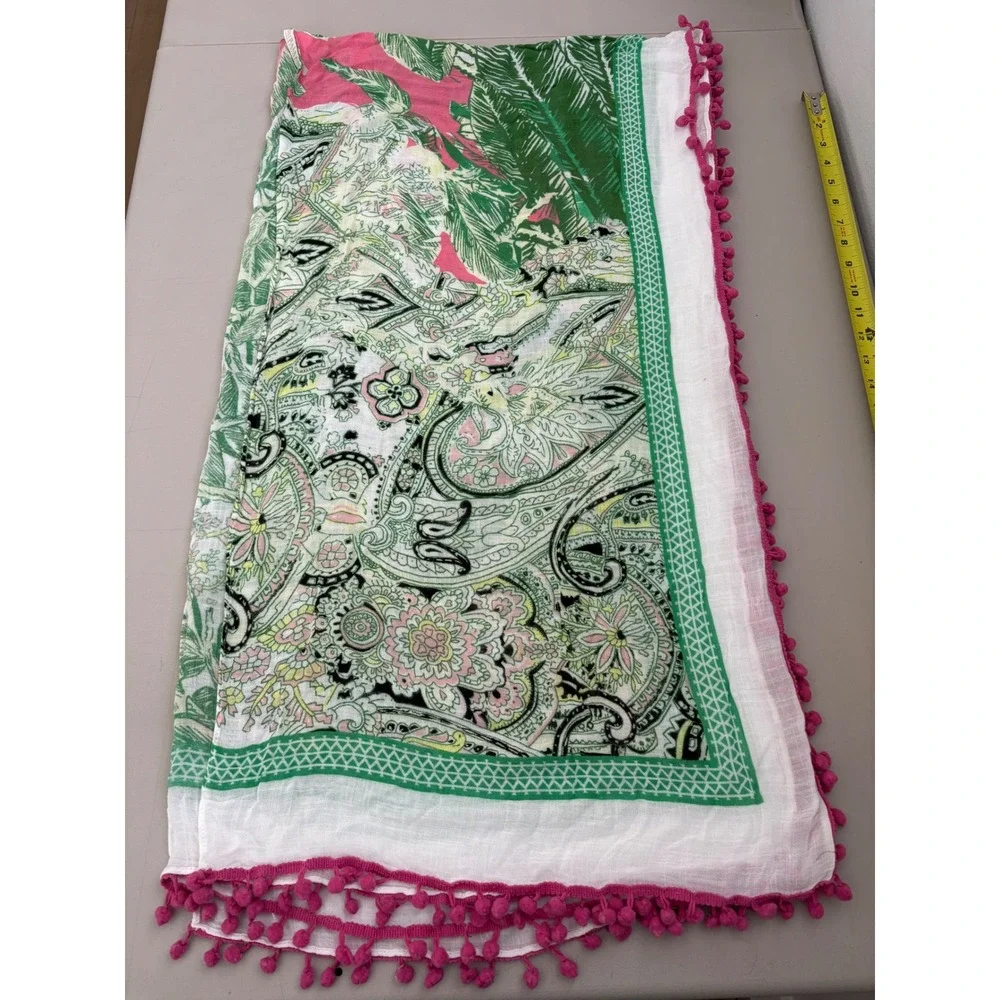 Shiraleah Chicago Paisley Palm Print Pink Green Pom Pom Trim Viscose Swim Cover